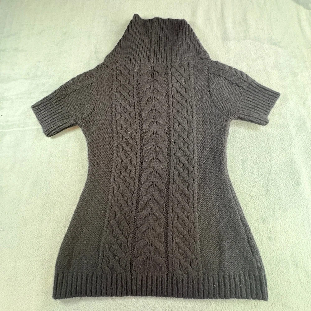 BCBGMAXAZRIA Womens Black Cable Knit‎ Shawl Collar Short Sleeve Sweater Large